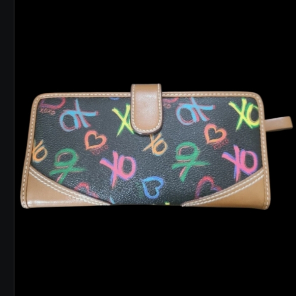 Vintage Y2K XOXO Wallet Black Multicolored Faux Leather Zip Contrast Trim Wallet